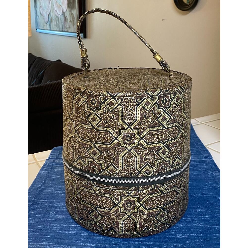 Vtg MCM Geometric Wig Hat Box Hard Case Luggage Round Zippered Styrofoam Head
